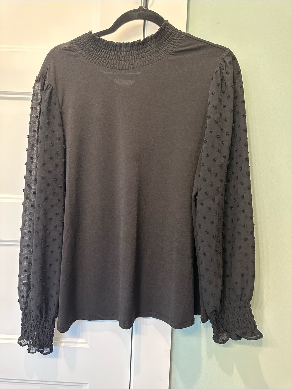 Black Long-Sleeve Swiss Dot Mock Neck Top